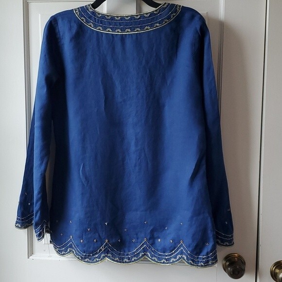 LILLY PULITZER NAVY BLUE GOLD BEADED LINEN TUNIC SIZE MEDIUM - Picture 9 of 10
